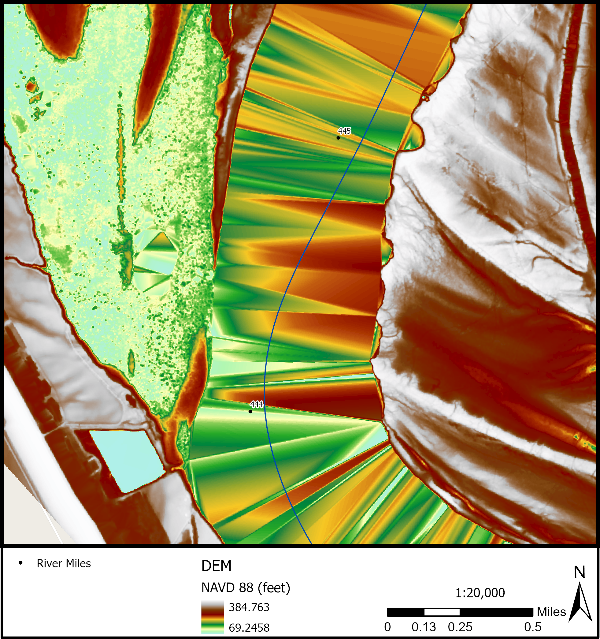 DEM artifacts due to LiDAR points not being captured close enough to the water's edge. Mississippi River, RM 444-445.